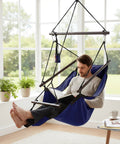 Deluxe Hanging Hammock Sky Chair For Chill Sessions With Pillow And Drink Holder Solid Wood Spreader Bar Weather Resistant Indoor Use
