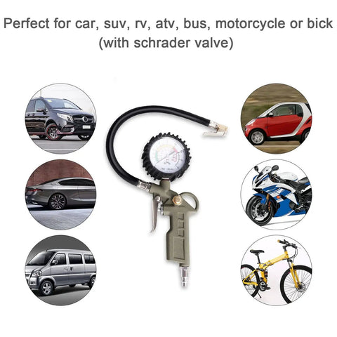 Heavy Duty Tire Inflator With 0-220 PSI Dial Gauge Durable Rubber Hose And Quick Coupler Precision Tire Pressure Tool