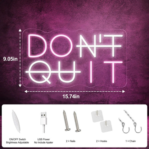 Dont Quit Neon Sign Do It LED Neon Light For Wall Decor USB Powered Adjustable Mood Lighting, 9.05x15.74in, Pink White Acrylic