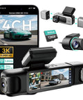 Crystal Clear 3K 4 Channel Dash Cam with 360 Degree All Sides View Front And Rear Inside Car Camera next to smartphone display
