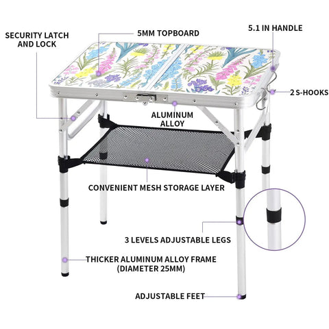 Foldable Camping Table 24 By 16 Inch Surface With Adjustable Heights 10 19 And 24 Inches Lightweight Aluminum Table With Carry Handle For Outdoor Indoor Use Perfect For Camping Beach BBQ And Hiking Floral Style showing mesh storage and adjustable legs.