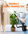 Top Shelf Handheld Steam Cleaner For Complete Home Care, Multi Surface Steamer With 14 Piece Accessory Kit For Bathroom And Kitchen, 1350W Killer Power Plus Instant Continuous Steam, No Sweat Deep Clean in use on clothing.