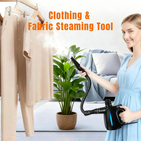 Top Shelf Handheld Steam Cleaner For Complete Home Care, Multi Surface Steamer With 14 Piece Accessory Kit For Bathroom And Kitchen, 1350W Killer Power Plus Instant Continuous Steam, No Sweat Deep Clean in use on clothing.