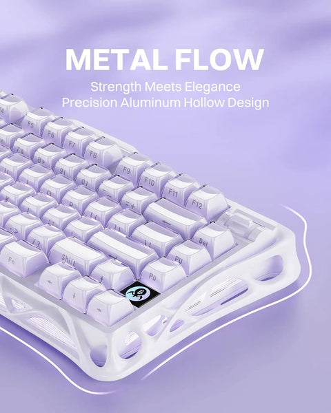 Compact 75 Percent Wireless Mechanical Gaming Keyboard Featuring Premium Aluminum Chassis And Adjustable RGB Lighting with elegant purple keycaps.