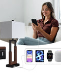 Farmhouse Style Table Lamps Set Of 2 Modern Black Wood Base Bedside Lamps With USB And Type-C Ports 3-Way Dimmable Nightstand Lighting White Rectangular Shade Perfect For Living Room Or Bedroom Decor with a woman using phone