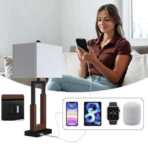 Farmhouse Style Table Lamps Set Of 2 Modern Black Wood Base Bedside Lamps With USB And Type-C Ports 3-Way Dimmable Nightstand Lighting White Rectangular Shade Perfect For Living Room Or Bedroom Decor with a woman using phone