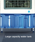 Portable Swamp Cooler On Smooth Rollers Pulls Evaporative Air Cooling Tricks With Leak Resistant Tank And Lightning Fast Drafts While Sweeping Rooms To Keep Things Crackling Cool Zero Setup Hassle Just Drop Place And Plug In For Serious Refreshment All - close-up of large blue water tank on wheels.