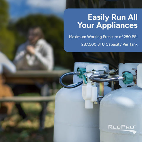 Propane Regulator Auto Changeover Two Stage For RVs With 11.5 Inch Pigtail Hose Connector 250 PSI 287500 BTU