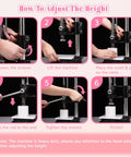 Instructions for adjusting height of No Sweat Bath Bomb Press Machine with hands on lever and mold setup.