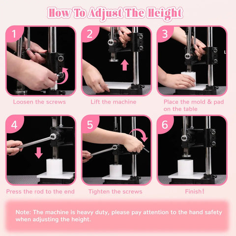 Instructions for adjusting height of No Sweat Bath Bomb Press Machine with hands on lever and mold setup.