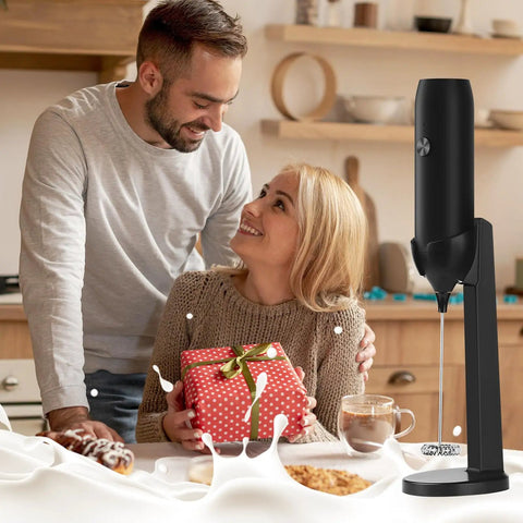 Rechargeable USB Type C Milk Frother Handheld with Stand, Powerful Electric Foam Maker for Coffee, shown on kitchen counter
