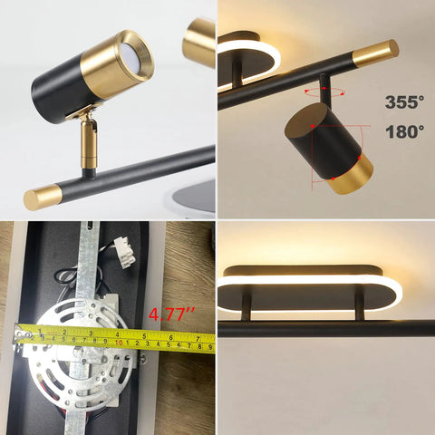 4 Light LED Track Lighting Kit With Dimmable Remote showing pivoting track heads, 355° rotation, and a measurement of 4.77 inches