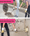 Two people using Badass Hella Durable Manganese Steel Drain Cleaning Strip for unblocking manholes and rainwater pipes.