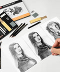 The Ultimate 22 Piece Sketch Pencils Set for Artists With Graphite Pencils From 6H To 10B displayed with sketches and tools.