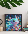 Colorful Axolotl 5D Diamond Art Kit For Adults And Beginners, vibrant framed art in living room setting, 13.78 x 13.78 inches