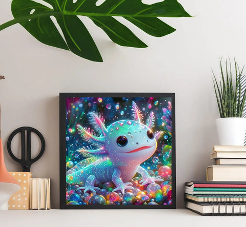 Colorful Axolotl 5D Diamond Art Kit For Adults And Beginners, vibrant framed art in living room setting, 13.78 x 13.78 inches
