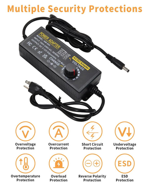 Adjustable 3 To 12V 12A 144W Universal DC Power Supply Adapter With Voltage Display 100V To 240V AC Input Easy Plug In