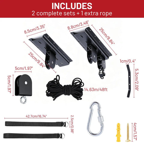 Diagram showing components of 2 Pack Bike Ceiling Hoist Storage System for Garage Weight Lifting Gear, including pulleys and ropes.