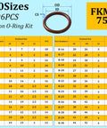 Chart showing Viton O Ring Assortment Kit With 30 Sizes SAE FKM Seals and specifications, 75A Durometer for repairs.