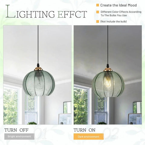 Green Glass Pendant Light For Kitchen Island Hand Blown 1 Light Modern Farmhouse Style With Mid Century Vibe Perfect For Dining Living Room Bedroom Spaces showing lighting effects on and off