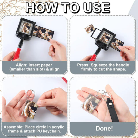 Step-by-step assembly of 61 Piece Handheld Keychain Making Kit with 1.38x1.77 inch square cutter and PU leather keychains.
