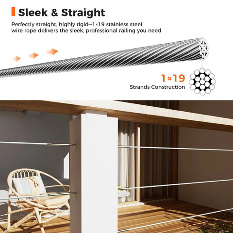 Marine Grade 316 Stainless Steel Cable One Eighth Inch Wire Rope 1000 Feet for Deck Railings Stair Porch Fence