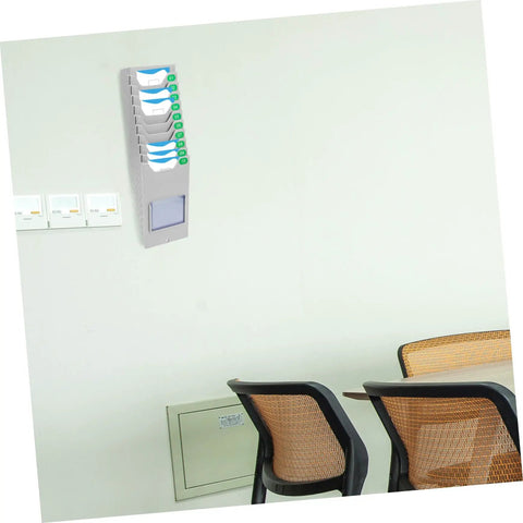 Heavy Duty Material Card Holder Rack For Office Document Organization, grey wall-mounted holder with time cards.