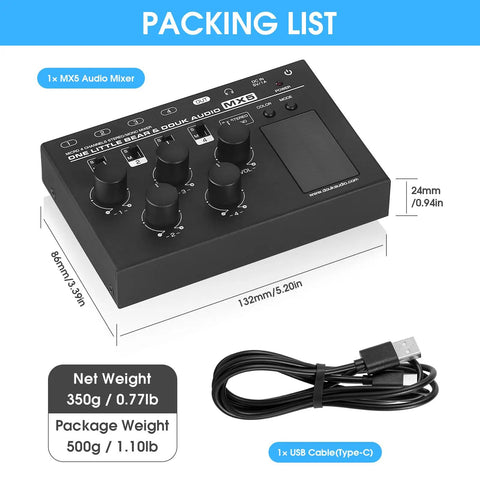 Four Channel Audio Mixer For Home Studio And Live Gigs With Independent Mono Stereo Switches Ultra Low Noise And LED Level Meter shown with dimensions and USB cable included.