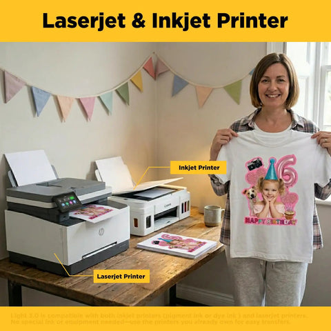 Woman displaying t-shirt with design, laserjet and inkjet printers beside. Light Fabric Printable Heat Transfer Paper For Inkjet And Laser Printers 10 Sheets 8 By 11 Inches Easy Iron On HTV Transfer Paper For T Shirts Cold Water Washable Crazy Vibrant Colors For Light Fabrics.