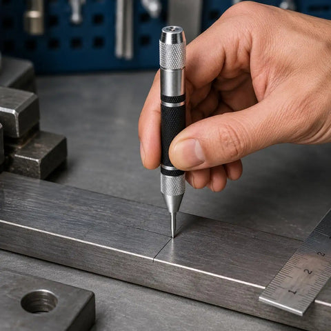 Hand using Automatic Center Punch With 2 Extra Tips, 5 Inch Heavy Duty Steel Spring Loaded Tool on metal surface, adjustable tension