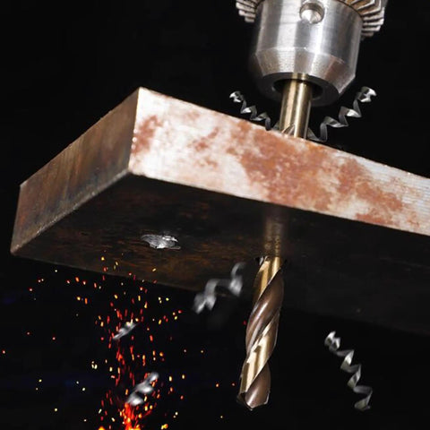 Heavy Duty Cobalt Drill Bits Kit Ten Piece M35 Jobber Length Twist Bits drilling metal, showing precision cutting edges.