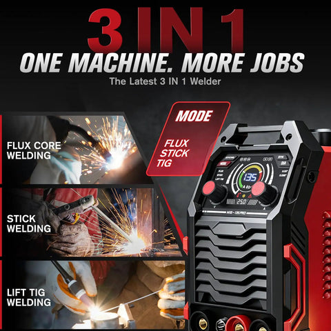 135A MIG Welder 110V With Large LED Display Three In One Flux Core Welder Lift TIG And Stick modes visual guide