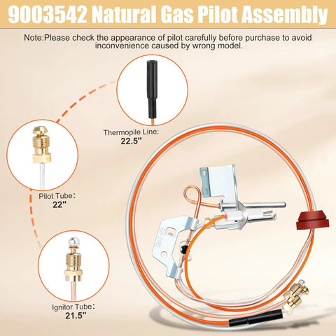 9003542 Natural gas pilot assembly for water heater, front view; brass fittings, copper tubes