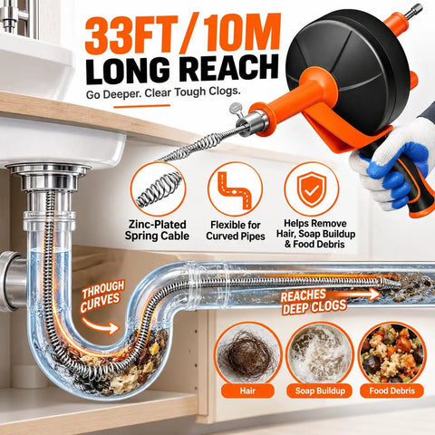 Wipe Blockages Off The Map With This Badass 33 Foot Heavy Duty Drain Snake Auger digging deep through clogged pipes.