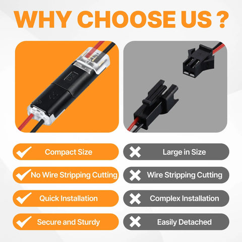 Plug In Wire Connectors With Locking Buckle Two Pin Double Wire Connector No Stripping Solderless For Low Voltage LED Strip Lights