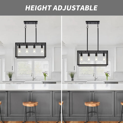 Black Farmhouse 4 Light Dining Room Chandelier With Rectangular Pendant Lights For Kitchen Island Modern Dope Adjustable Height Metal Lighting Fixture E26 Base