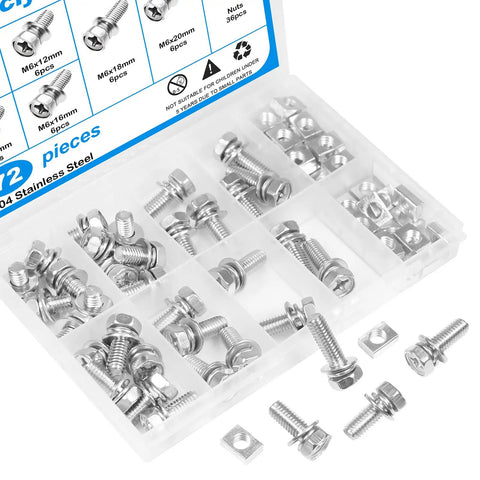 Stainless Steel Motorcycle Battery Terminal Bolts And Nuts Kit 72Pcs M6x10 12 14 16 18 20mm Square Nuts Included Rust Resistant