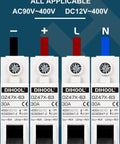 Four Two Pack AC DC Miniature Circuit Breakers 30 Amp with connections for 12-400V displayed against a blue background.