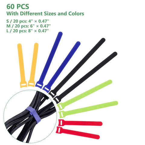 Reusable Hook And Loop Cable Ties Pack 60 Count Adjustable Straps shown in various colors and sizes for electronics wire management