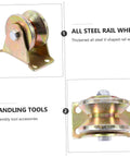 Two Pack Groove Sliding Gate Rollers Track Wheels For Automatic Doors Built Tough Heavy Duty Wear Resistant Easy To Install V Groove Wheel With Ball Bearings And Fixed Nuts For Smooth Quiet Gate Movement in steel shown from side and top view with assembly tools.