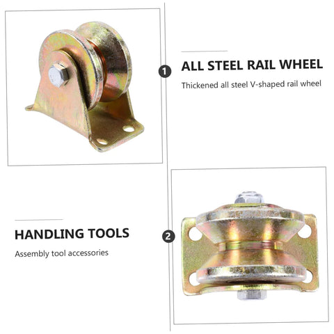 Two Pack Groove Sliding Gate Rollers Track Wheels For Automatic Doors Built Tough Heavy Duty Wear Resistant Easy To Install V Groove Wheel With Ball Bearings And Fixed Nuts For Smooth Quiet Gate Movement in steel shown from side and top view with assembly tools.