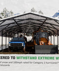 20x52 Foot All Weather Industrial Carport Kit With Steel Garage For Class A RVs And Farm Equipment, Dual Unit Modular Canopy System shown with vehicles inside.
