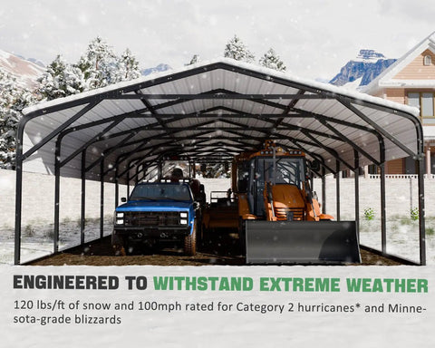 20x52 Foot All Weather Industrial Carport Kit With Steel Garage For Class A RVs And Farm Equipment, Dual Unit Modular Canopy System shown with vehicles inside.