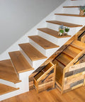 Reclaimed Wood Plank Set For DIY Rustic Accent Wall With Multi Width And Color Kiln Dried And Easy To Install Vintage Vibe From WWII Shipping Containers 10 Sq Ft Coverage Ideal For Home Renovation And Farmhouse Decor used in staircase design with under-stair storage