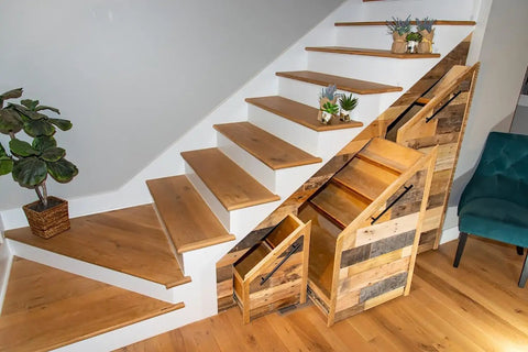 Reclaimed Wood Plank Set For DIY Rustic Accent Wall With Multi Width And Color Kiln Dried And Easy To Install Vintage Vibe From WWII Shipping Containers 10 Sq Ft Coverage Ideal For Home Renovation And Farmhouse Decor used in staircase design with under-stair storage