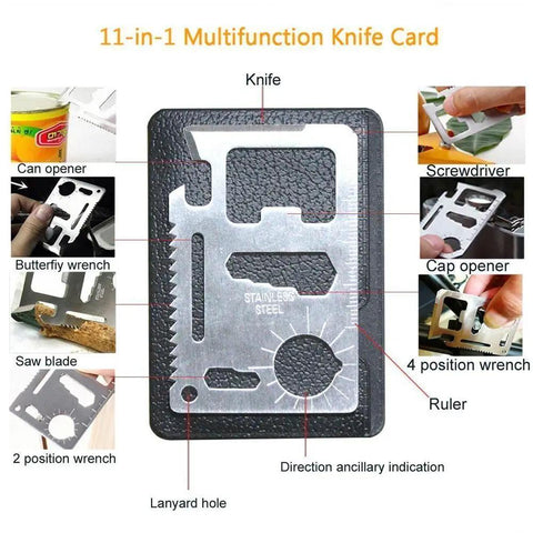 11-in-1 multifunction knife card with can opener, screwdriver, and other tools is part of the 13 In 1 Emergency Survival Kit For Outdoor Adventures.