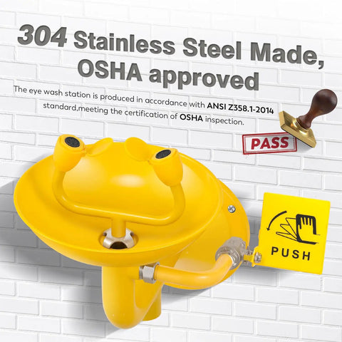 Wall Mounted Emergency Eye Wash Station With OSHA Approval, Stainless Steel 304 Plus Epoxy Coating
