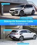 Car connected to 21ft 50Amp J1772 EV extension cable for Level 1 and Level 2 chargers IP66 weatherproof power cord with storage bag.