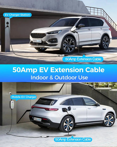 Car connected to 21ft 50Amp J1772 EV extension cable for Level 1 and Level 2 chargers IP66 weatherproof power cord with storage bag.