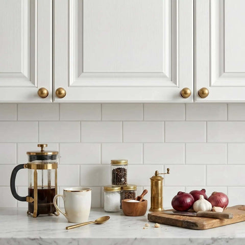 Kitchen scene with 4 Pack Round Antique Brass Cabinet Knobs 1 Inch Vintage on white cabinets, coffee press, and spices.